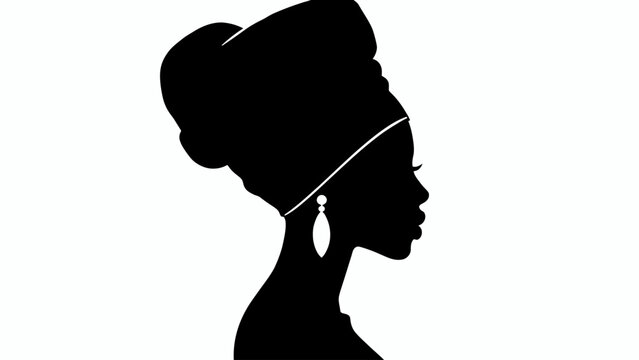 African woman silhouette, elegant headwrap, jewelry, profile view, black icon isolated on White Background