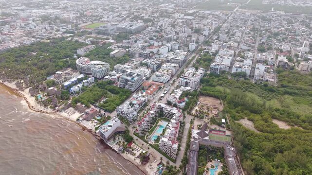 Aerial drone view of sargassum seaweed bloom on Playa del Carmen beach. Environmental problem showing brown sargazo algae accumulation on Mexican Caribbean coast.