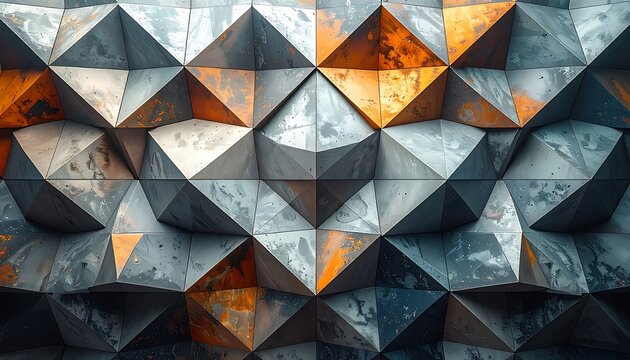 A geometric pattern of 3D triangles in orange and gray