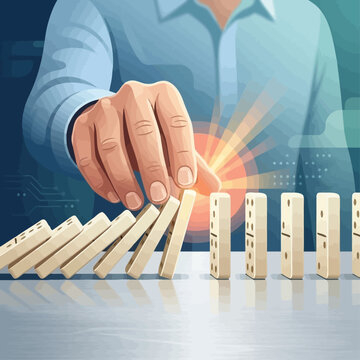 A person triggers a row of falling dominoes with their hand on a table indoors.
