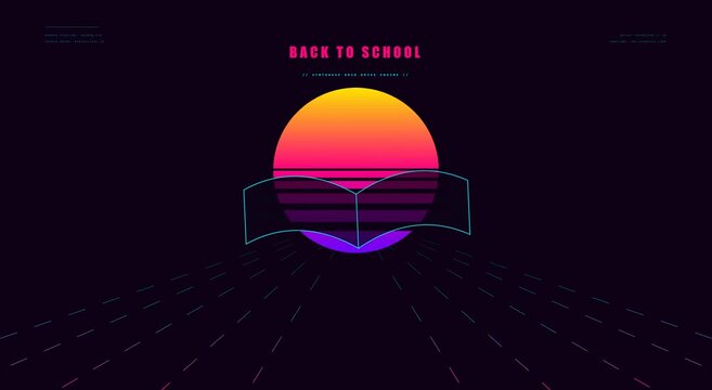 Back to school synthwave animation: retro 80s style book and neon sun animation