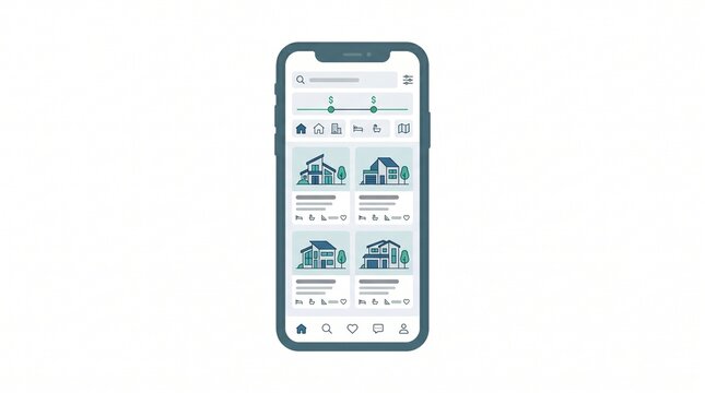 Mobile real estate application dashboard featuring property listings, price filter controls, home search tools, and modern smartphone interface isolated on white background for proptech concept