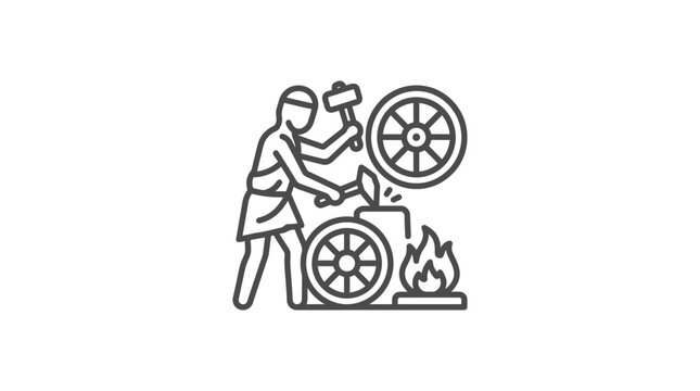 Blacksmith forging metal with hammer and wheels line icon