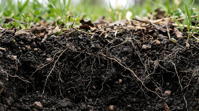 A close-up View of  of Soil withered Roots and green  Dead  Grasses  Plants and Plants shown Natures Landscape Environment
