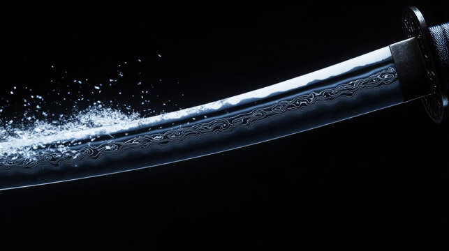 Close up of a sharp Japanese katana sword with damascus pattern on black background with flying particles and cinematic lighting