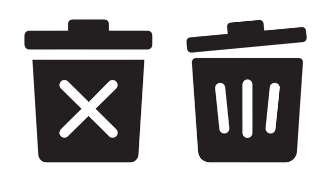 Trash can icons set with delete cross and recycle symbols