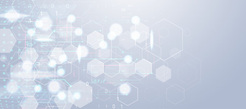 Abstract digital background with hexagonal grid and glowing binary code data information patterns.