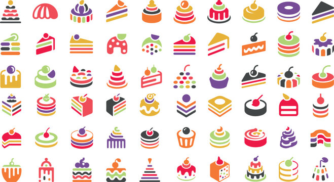 Colorful flat design cake and dessert icons on white background for food and baking concepts