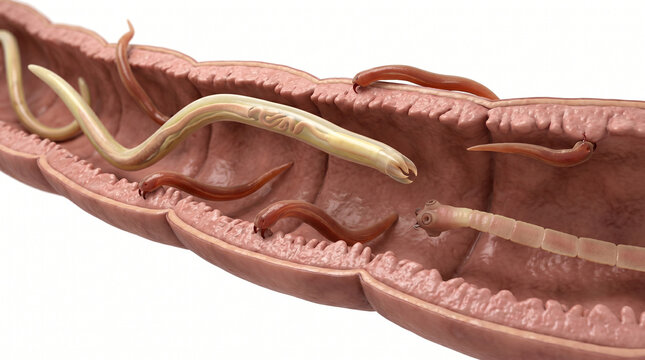 Realistic Medical Illustration of Intestinal Worms and Parasites Inside Human Gut