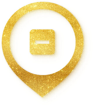 Checkbox minus icon in gold glitter location pin shape for checkbox minus indeterminate form UI partial select and app interface input on transparent background.