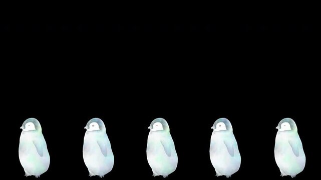 皇帝ペンギンの赤ちゃんが一列に並んで行進している。&alpha;付きの可愛い水彩ループアニメーション。