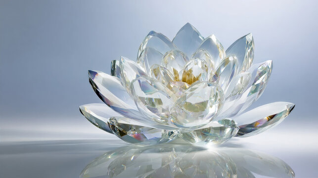 Elegant crystal lotus flower sculpture with prismatic reflections on a neutral studio background