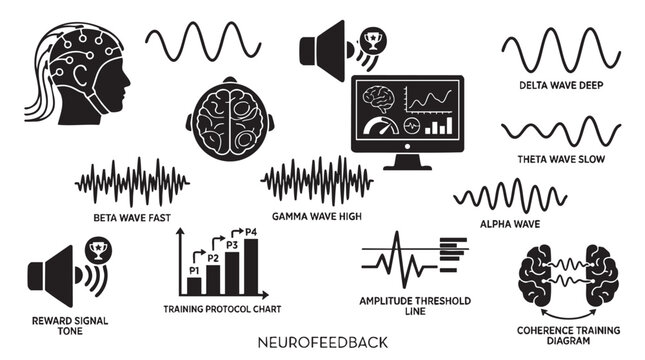 Neurofeedback training diagram showing brain wave analysis and mental performance monitoring.