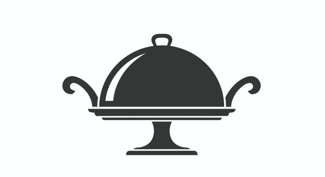 Simple black silhouette icon of a luxury restaurant serving cloche with a platter and decorative handles for catering and food service.