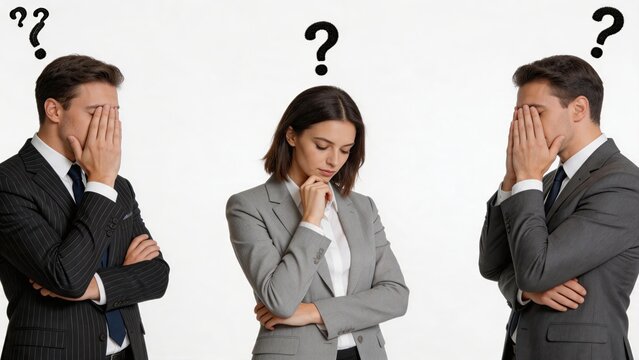 Confused business team members with question marks thinking about difficult decision, problem solving and uncertainty in corporate strategy, teamwork and brainstorming session