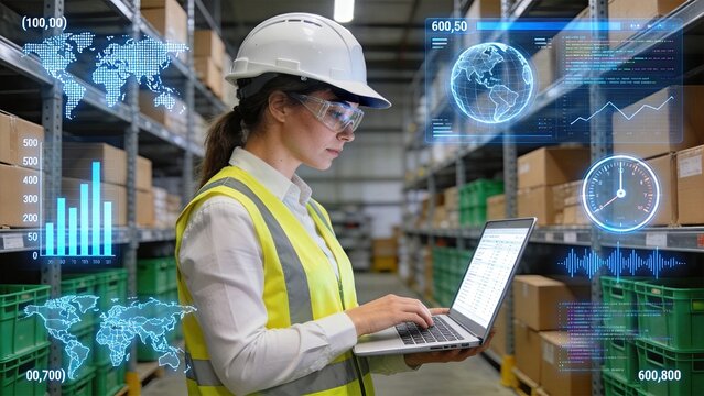 Female warehouse engineer using laptop with augmented reality data screens, logistics management and inventory control in modern distribution center, industrial automation and