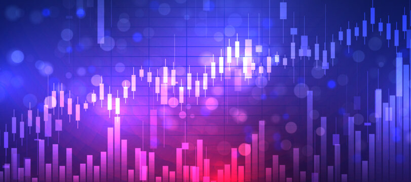 Abstract financial chart with candlestick graph and bar chart on colorful gradient background.