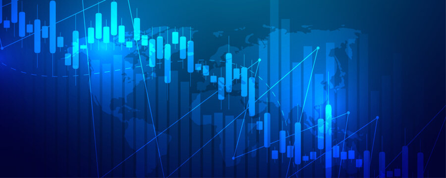 Global stock market trading with candlestick chart on blue world map background.