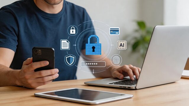 Cyber security concept featuring digital padlock, biometric authentication, ai protection and data privacy icons surrounding user working on laptop and smartphone devices