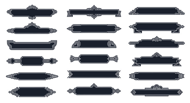 Collection of eighteen dark ornate banner and label designs with white outlines and decorative flourishes for classic branding projects.