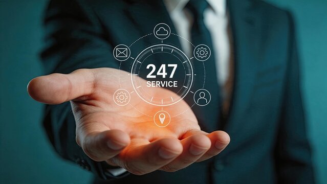 Professional businessman hand holding holographic 24/7 service icon surrounded by cloud, email, settings and support symbols representing customer care and assistance availability