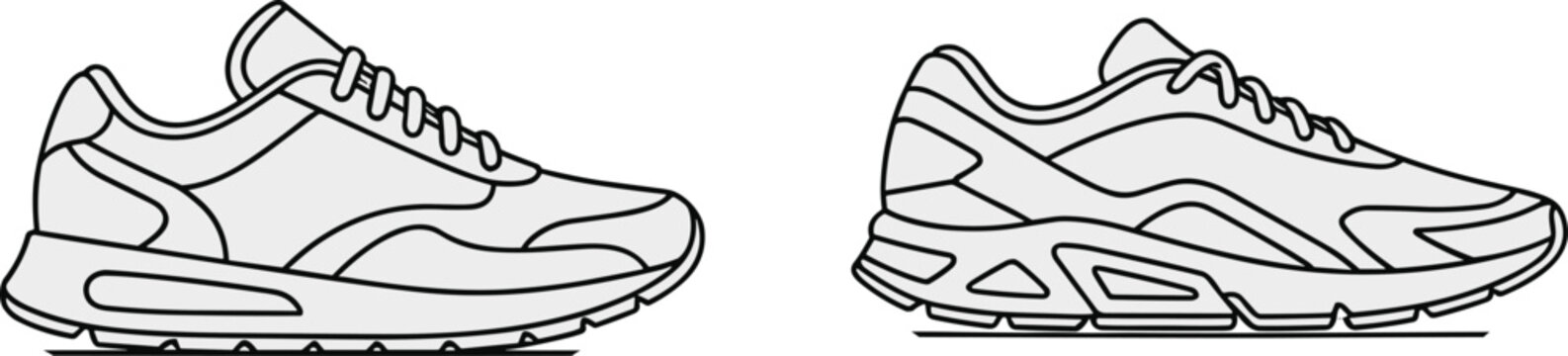 Cad drawing flat vector illustration, sneaker side view, athletic shoe sketch, footwear blueprint, fashion design, outline style, performance concept