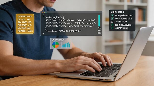 Man typing on laptop with holographic system status, active tasks list, and data overview interface, software developer monitoring cpu usage, ram, gpu load, network speed, cloud