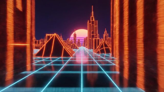 Dynamic 3D animation of a retro-futuristic city with glowing neon outlines and a vibrant sunset.