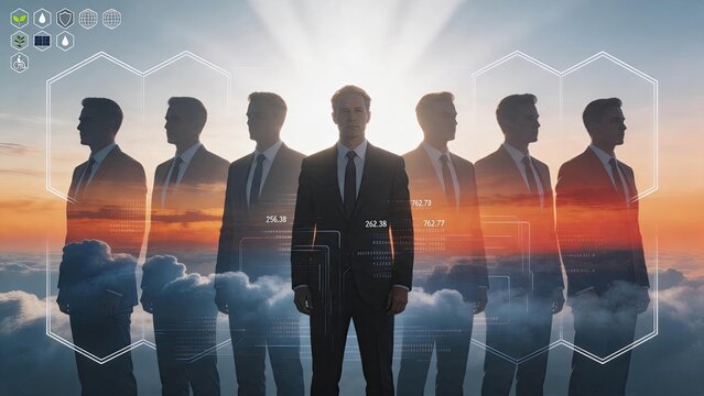 Group of businessmen silhouettes standing against sunset sky with clouds. Team leadership, corporate unity, business partnership, future vision, strategic planning, executive