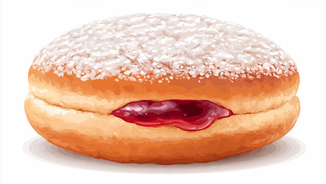 Close-up of a sweet jelly-filled donut with powdered sugar topping and shiny filling