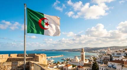 Fototapeta premium Algerian national flag waving on a pole overlooking a Mediterranean coastal city under a sunny sky