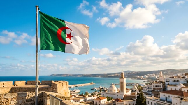 Algerian national flag waving on a pole overlooking a Mediterranean coastal city under a sunny sky