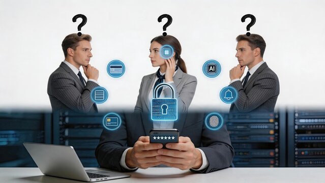 Group of business people looking confused about cybersecurity, password protection, and data privacy concepts in a modern server room environment.