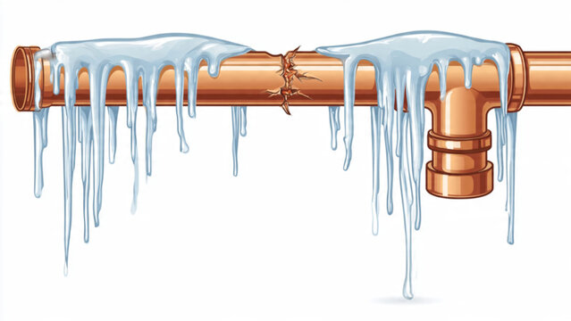 Frozen copper pipe with icicles hanging low in a winter setting