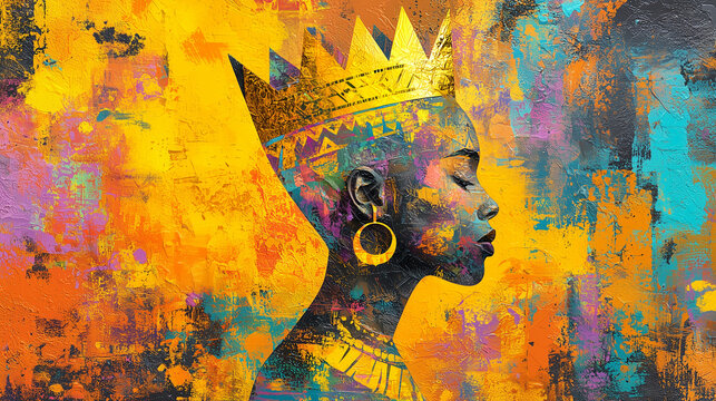 African queen profile with a gold crown on a vibrant orange painterly background