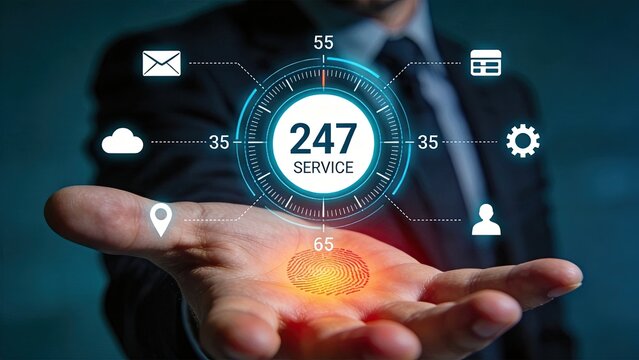Hand holding futuristic 24/7 service technology interface with fingerprint scan, cloud computing, security, global support concept, digital transformation, always-on availability