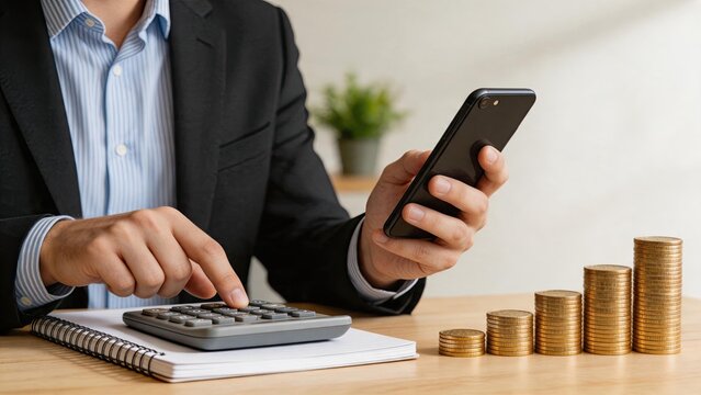 Businessman calculating finances with calculator and smartphone, gold coins stack showing profit growth, financial planning concept for investment savings.