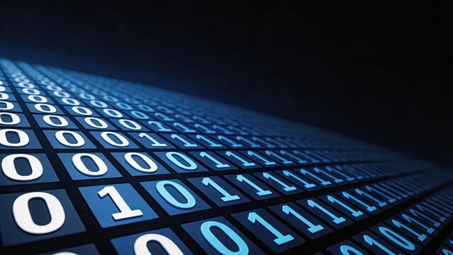 Abstract binary code background with blue digital data stream, ones and zeros matrix representing computer programming software development technology concept.