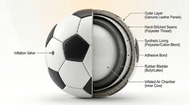 Precise 3D rendered anatomical cross section blueprint of a soccer ball structural core
