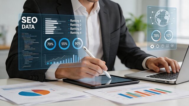 Businessman analyzing SEO data on tablet and laptop, transparent HUD showing ranking charts, global statistics, growth metrics, and search engine optimization strategy for digital