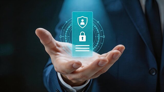 Hand holding futuristic hologram security icon with shield lock and user profile, cyber protection privacy data safety authentication technology concept.