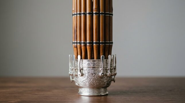 Traditional Chinese Sheng Mouth Organ in Ornate Silver Stand