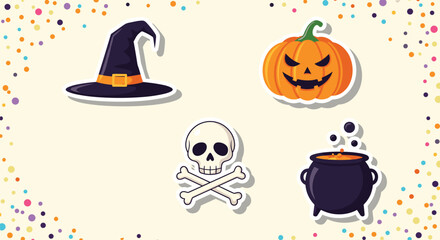 Fototapeta premium Set of halloween themed stickers featuring a witch hat carved pumpkin skull and crossbones and a bubbling magic cauldron.