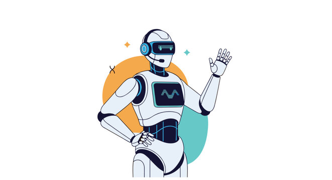 Modern robotic artificial intelligence assistant waving hello while standing in front of colorful abstract background shapes.
