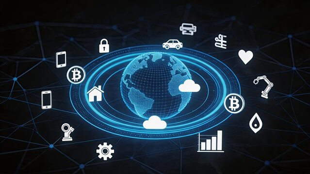 Global network connectivity illustration with earth globe center surrounded by blockchain bitcoin symbols, IoT devices, cloud computing, and industrial automation icons on dark
