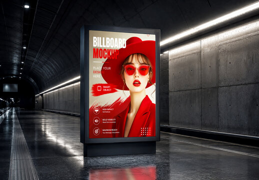 Billboard Mockup in Modern Underground Tunnel or Subway Corridor