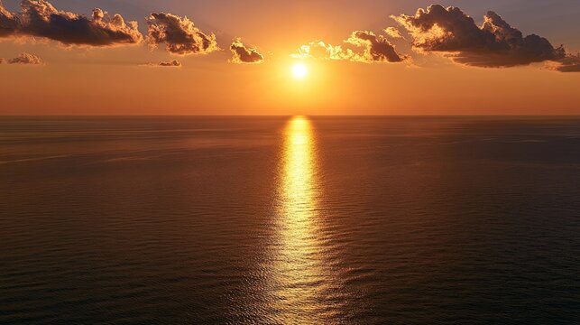 A brilliant sunset casts a golden path across a calm ocean with clouds