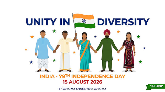 Unity in diversity, india 79th independence day celebration illustration with diverse people holding indian flag isolated on white background