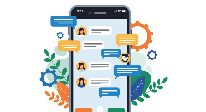 Smartphone displaying a messaging application with group chat conversations colorful bubbles and abstract floral backgrounds.