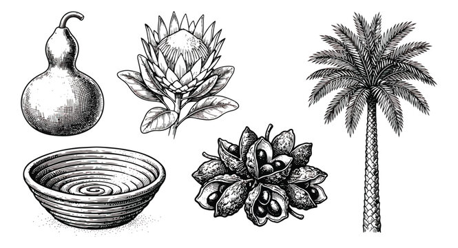 Vintage botanical and cultural vector set, hand drawn African flora and objects, engraved protea flower and palm tree, rustic calabash and woven bowl